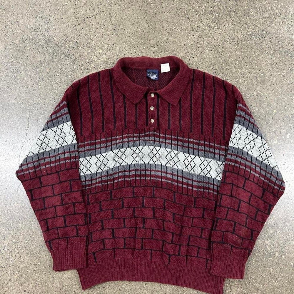 Vintage 90s John Blair Burgundy Knit Polo Sweater AOP Brick Pattern (Size XL)